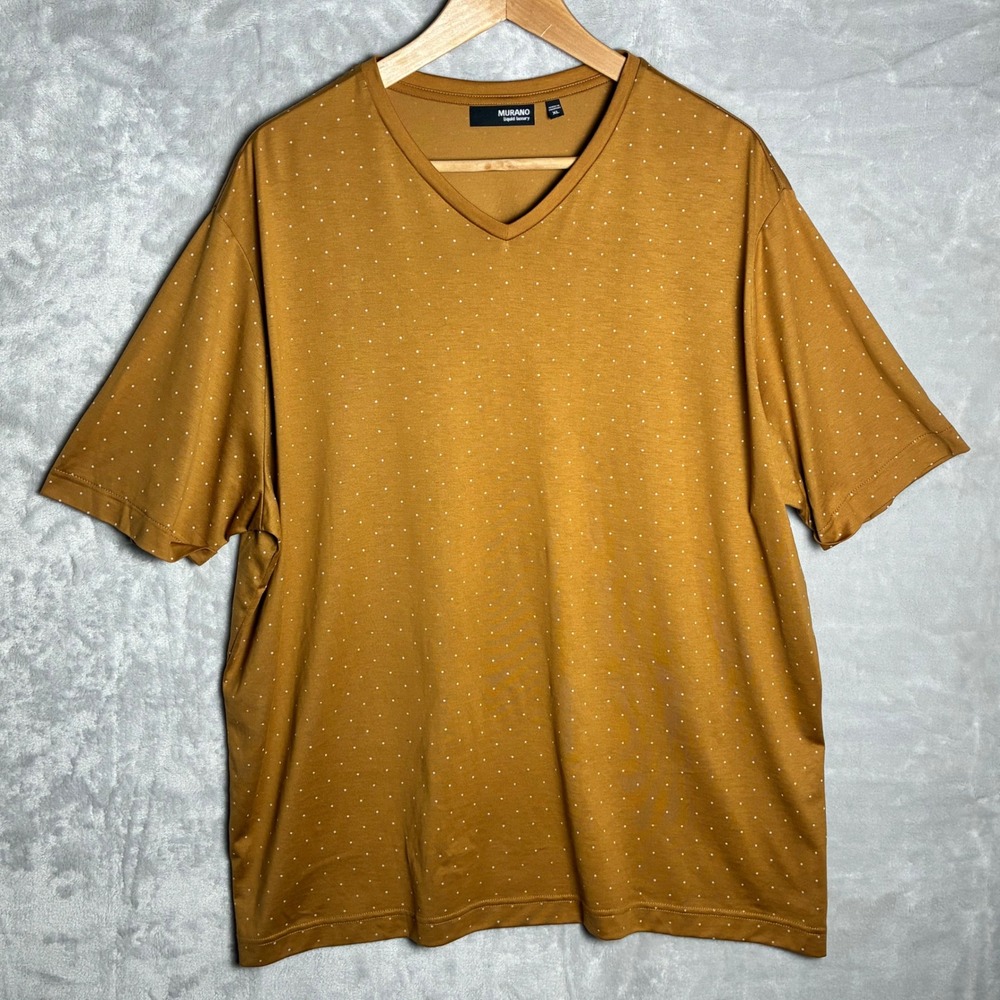 Murano Liquid Luxury Mens XL V-Neck T-Shirt Mustard Yellow Micro Dot Tee -0226
